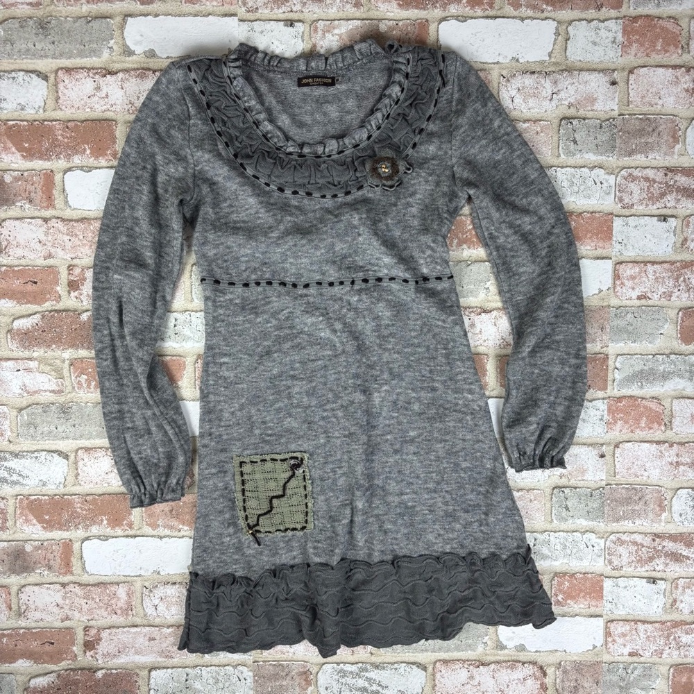 John Fashion Wool Blend Tunic Dress Gray Cottagecore Knit Patchwork Ruffle M